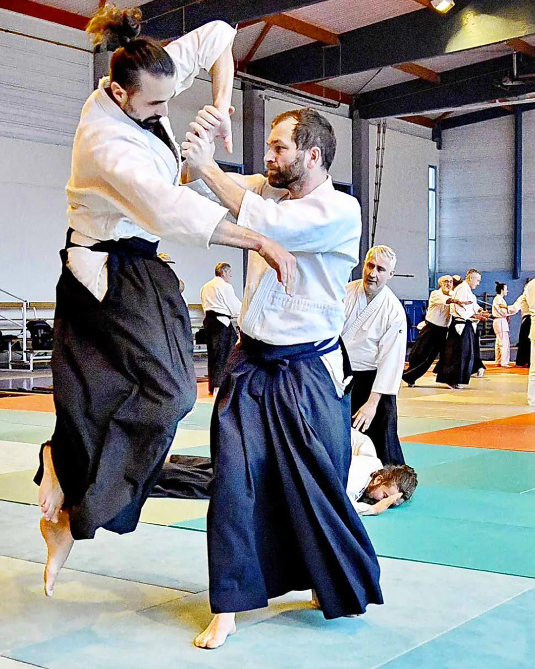 Travail d'une technique d'aïkido traditionnel où chacun apprend à guider et à recevoir le mouvement avec sécurité sur Sankyo