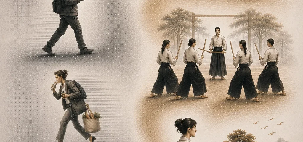 Illustration conceptuelle du parcours menant de l'agitation du quotidien à une présence plus consciente grâce à la pratique de l'aïkido.