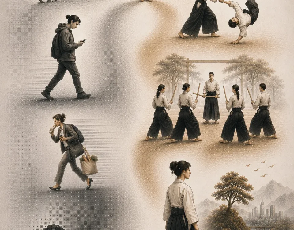 Illustration conceptuelle du parcours menant de l'agitation du quotidien à une présence plus consciente grâce à la pratique de l'aïkido.